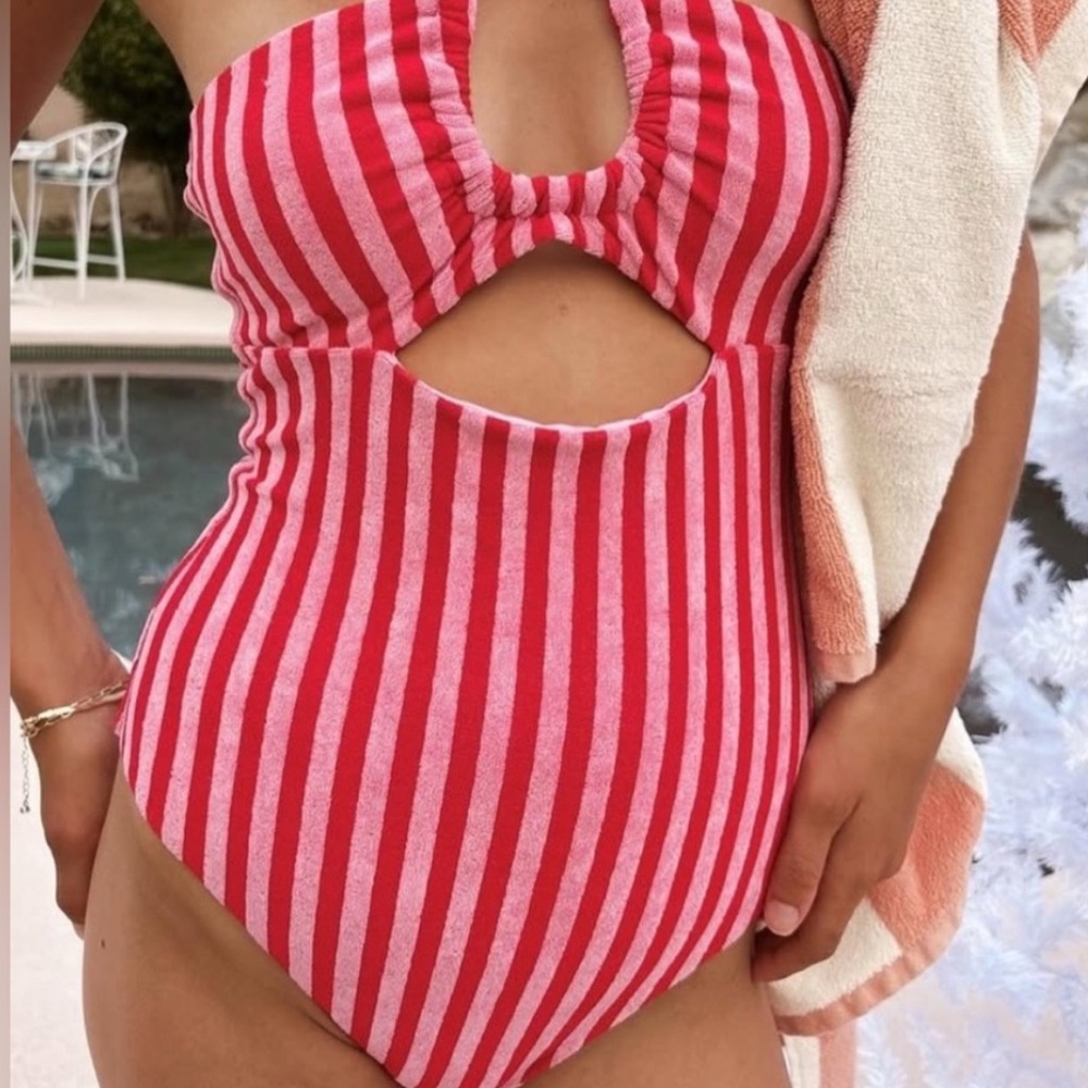 Beach Riot Phoenix one piece, terry cloth, candy cane stripe, size M